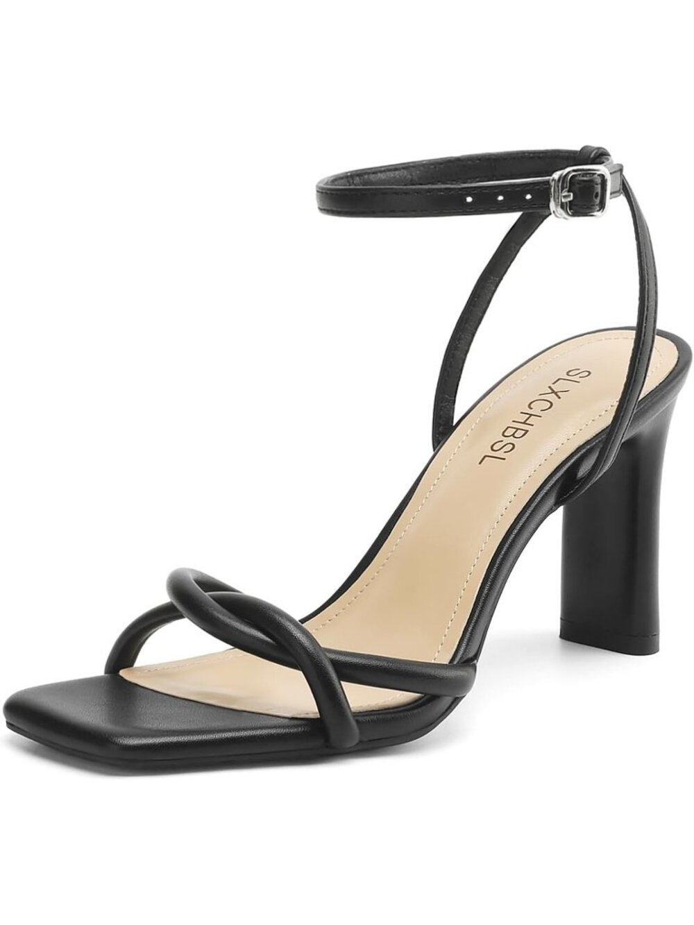 Women's Black Comfortable Adjustable Strappy Square Open Toe Heeled Sandals